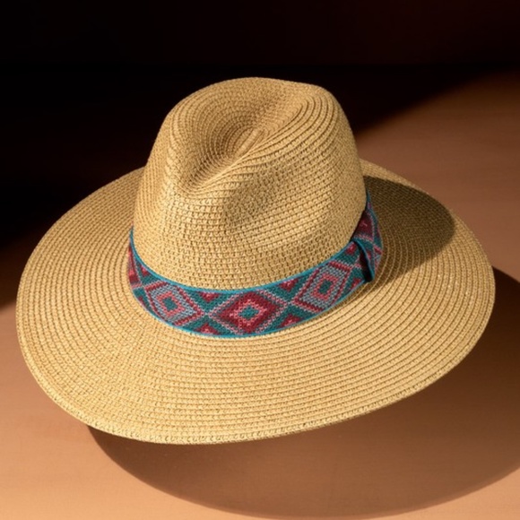 Boho Tribal Geo Print Straw Panama hat - Picture 3 of 7